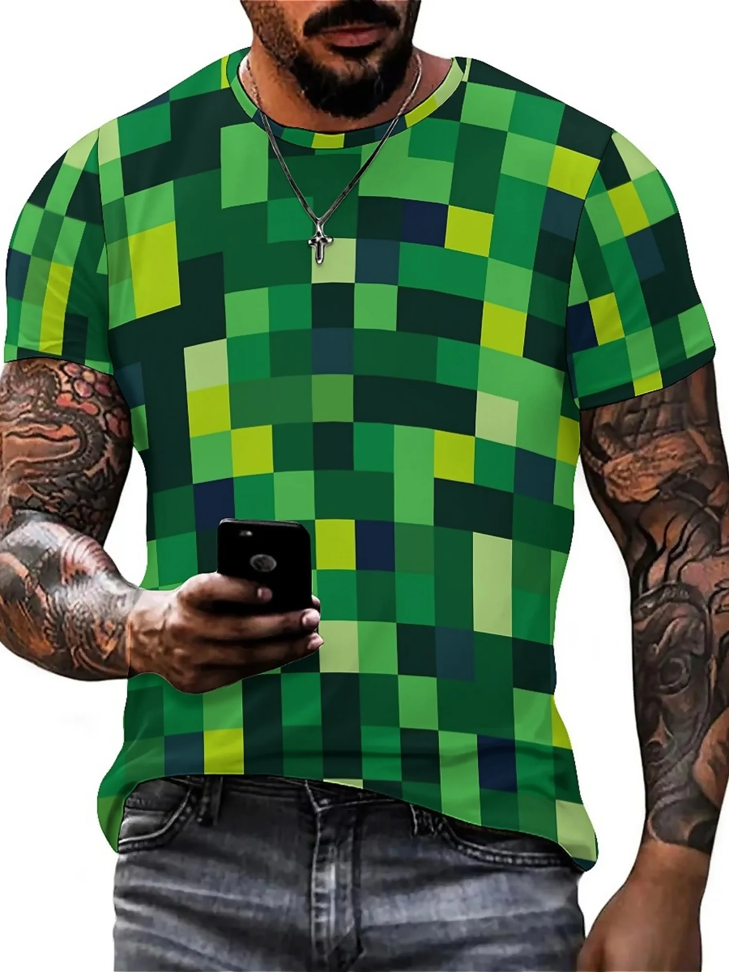 Men'S 3D Pixelated Print Short Sleeve T-Shirt - Green & Black Geometric Design, Soft Polyester Fabric, Casual Crew Neck