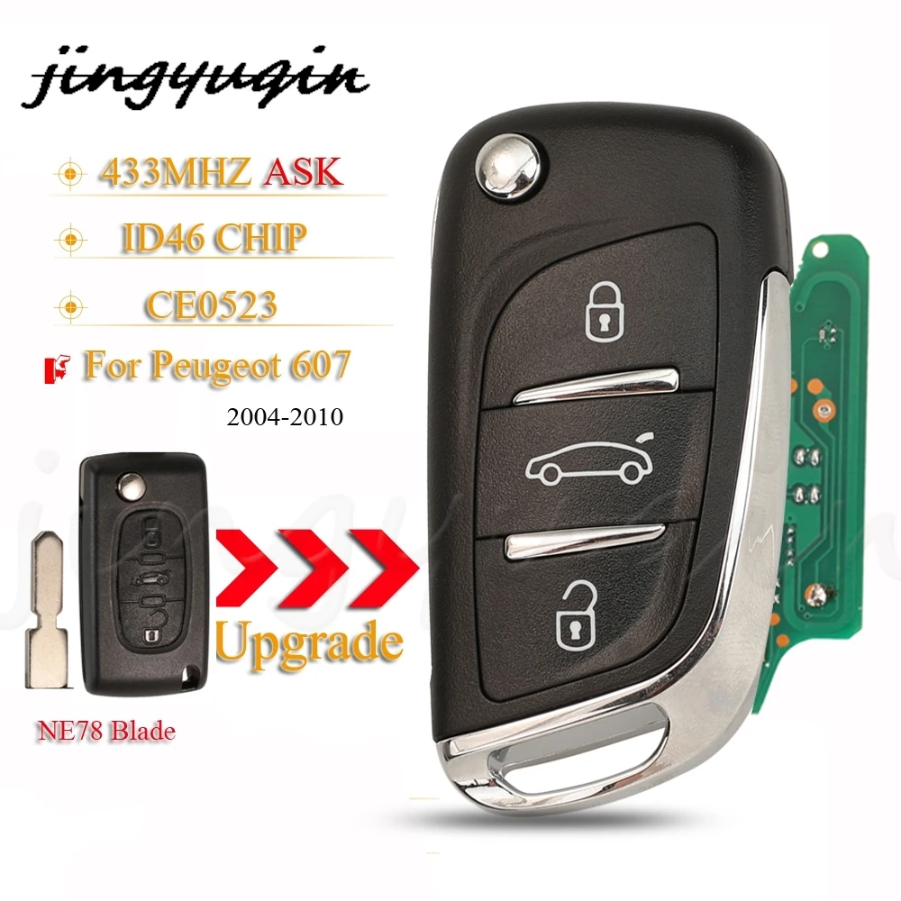 jingyuqin 3 Buttons Modified Flip  Car Remote Key 433MHZ ID46 Chip For Peugeot 607 2004-2010 Fob NE78 Blade CE0523