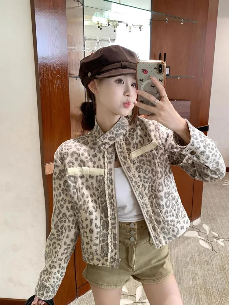 

Vintage American Leopard Jacket Women Slim Long Sleeve Y2K Short Coat Streetwear Retro Stand Collar Female Fall Harajuku Tops