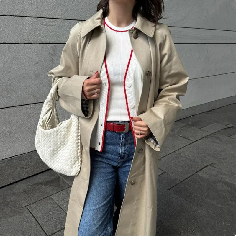 Elegant Solid Single Breasted Lapel Overcoat Women Casual Long Sleeve Pocket Windbreaker 2024 Autumn Lady Office Outwear