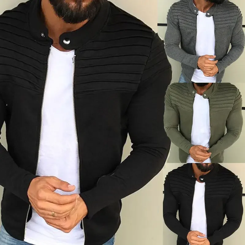 

Sports Casual Men Jacket Men's Autumn Pleats Slim Stripe Fit Jacket Zipper Long Sleeve Coat Cardigan Coat