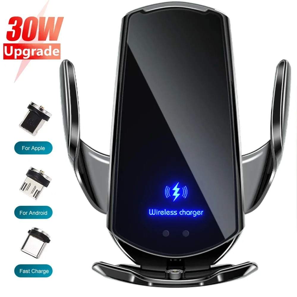 30W car automatic wireless charger, USB infrared sensor magnetic bracket for iPhone 15, 14, 13, 12, 11, Samsung S23, S22, S21