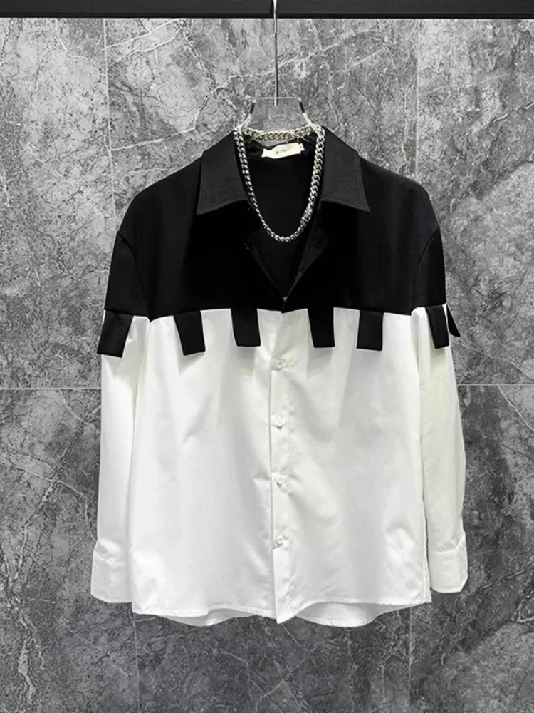 

Рубашка с цветными блоками, мужская острая уличная рубашка, черно-белая контрастная рубашка, большой повседневный драпированный многослойный топ в асимметричную полоску с вставками