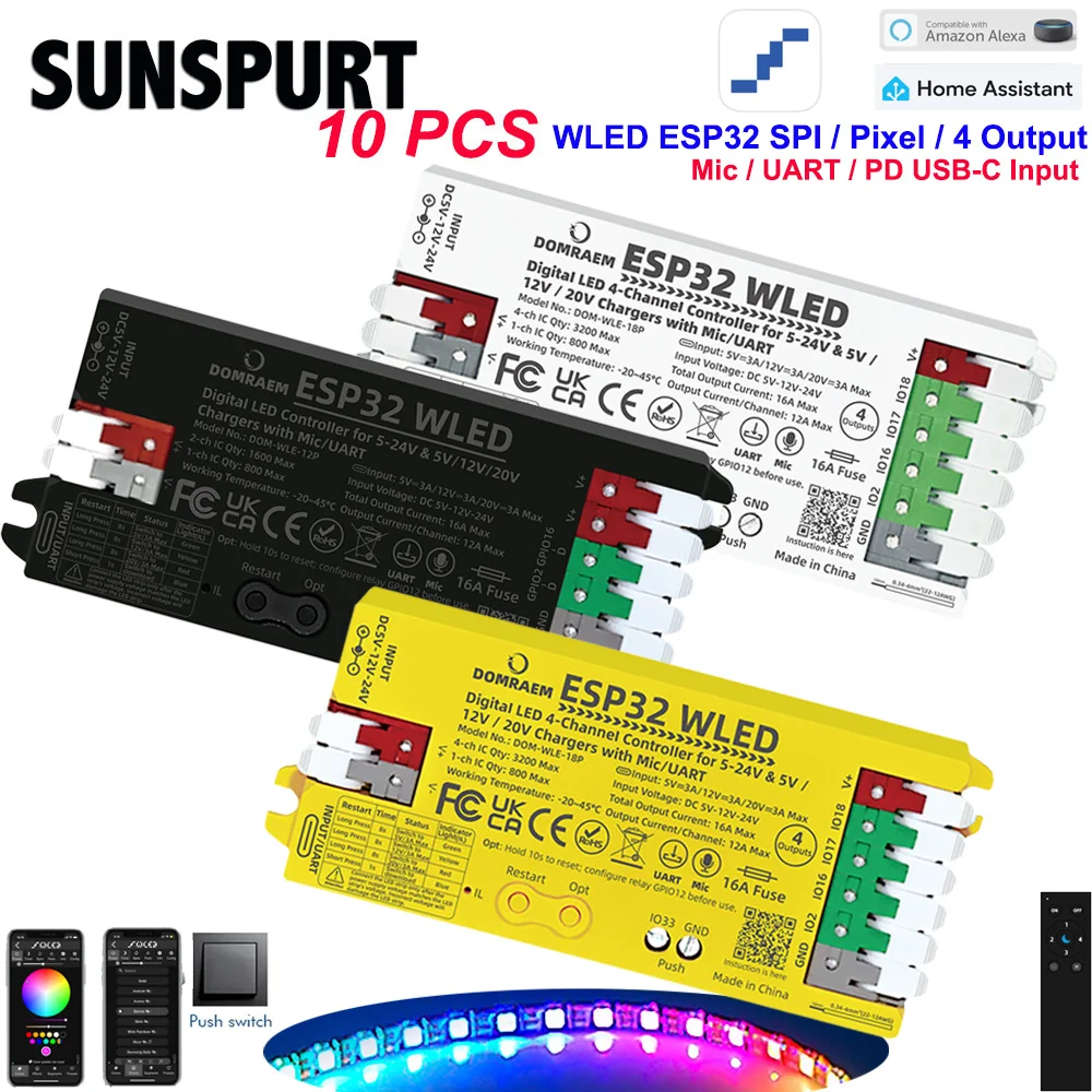 

Контроллер адресных светодиодов DOMRAEM ESP32 2CH WLED со встроенным микрофоном, поддержка PD 5В/12В/20В и широкий входной диапазон DC 5-24В, предохранитель 16А