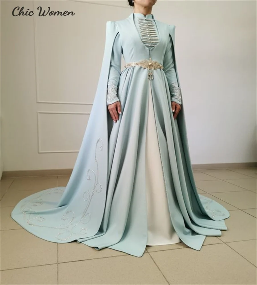 Traditional Muslimah Blue Wedding Dress 2024 Georgian 18th Russian Pagan Bridal Dress Princess Beaded Long Sleeve Medieval Bride