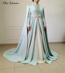 Traditional Muslimah Blue Wedding Dress 2024 Georgian 18th Russian Pagan Bridal Dress Princess Beaded Long Sleeve Medieval Bride