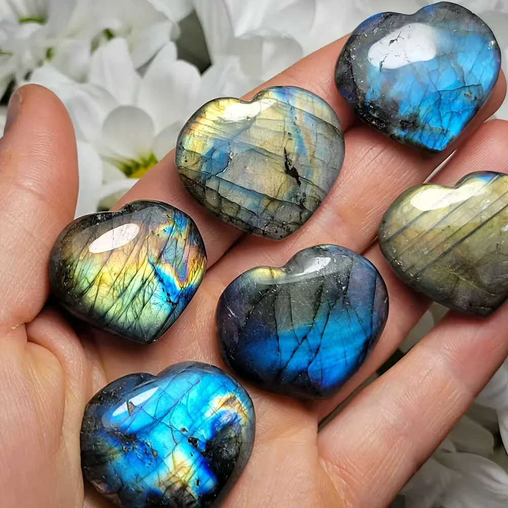 A labradorite heart, naturally cut and polished to perfection, ideal for home and garden decor, as well as festive party gifts