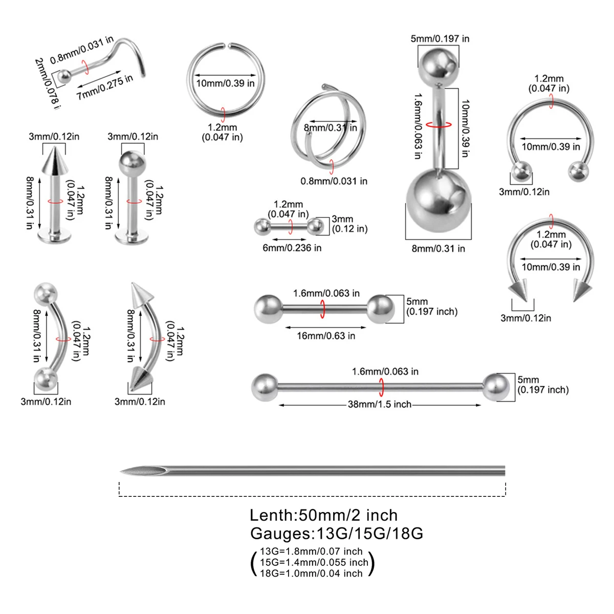 Piercing Kit for All Piercings Surgical Steel 14G 16G 18G 20G Nose Septum Cartilage Tragus Earrings Belly Nipple Tongue Lip Ring