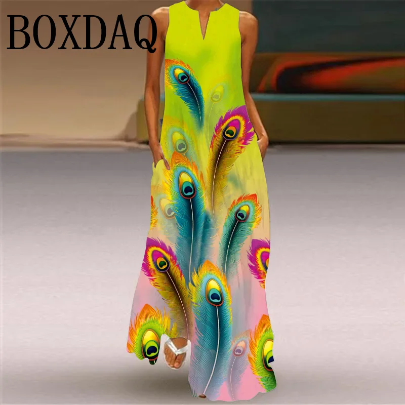 Sexy V-neck Sleeveless Dress For Women Summer Fashion Sundress Retro Print Long Dresses With Pocket Maxi Dress Femme Vestidos