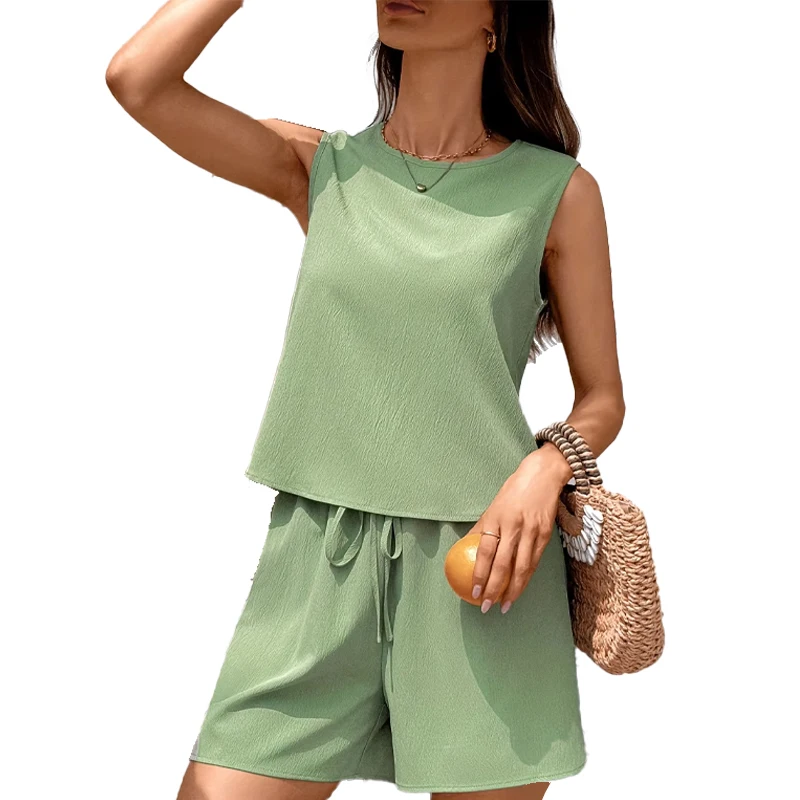 

2 Piece Sets Women's Summer Sleeveless Vest with Wide Leg Shorts Vacation Beach Short Pant Suit Pockets Vintage Crop Tops Outfit