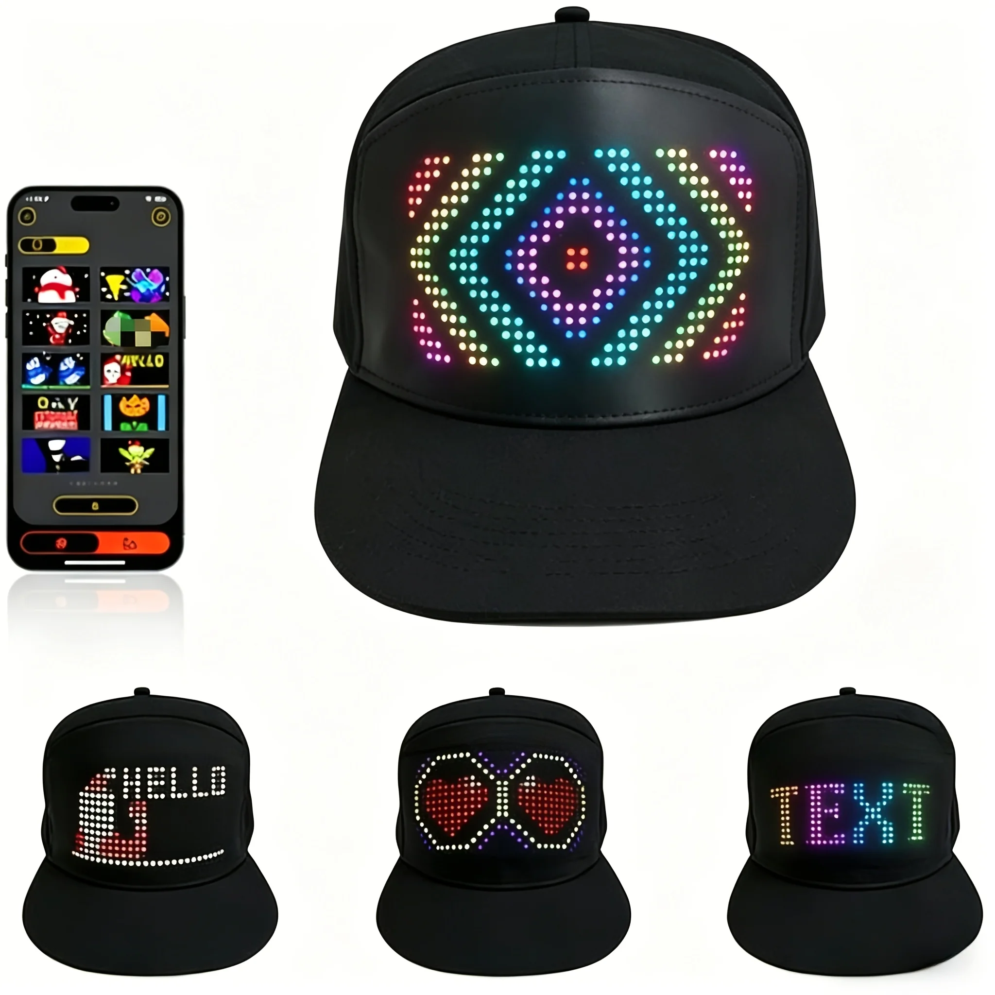 LED Hat, Rechargeable Full Color Smart LED Display Cap, Wireless APP DIY Scrolling Text, Party Halloween Christmas Birthday Gift