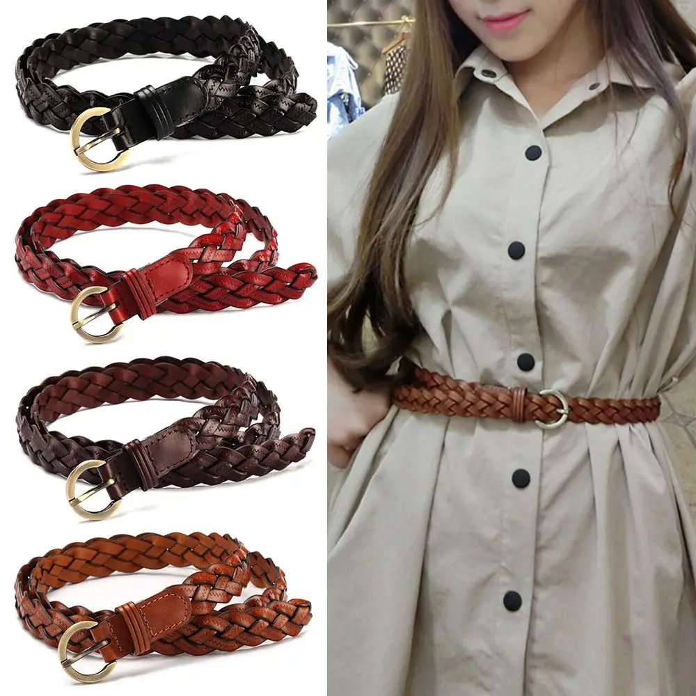 

Fashion Casual Vintage Pin Buckle Waistband Weave Waist Band Cowhide Braided Belt Ladies Dress Cummerbands