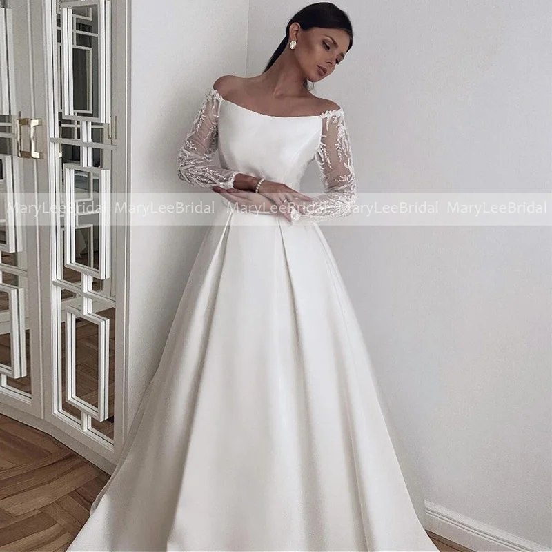 

Long Sleeve Off the Shoulder Wedding Gown with Plain Satin Skirt Elegant A-line Illusion Pearl Buttons Back Country Bridal Dress