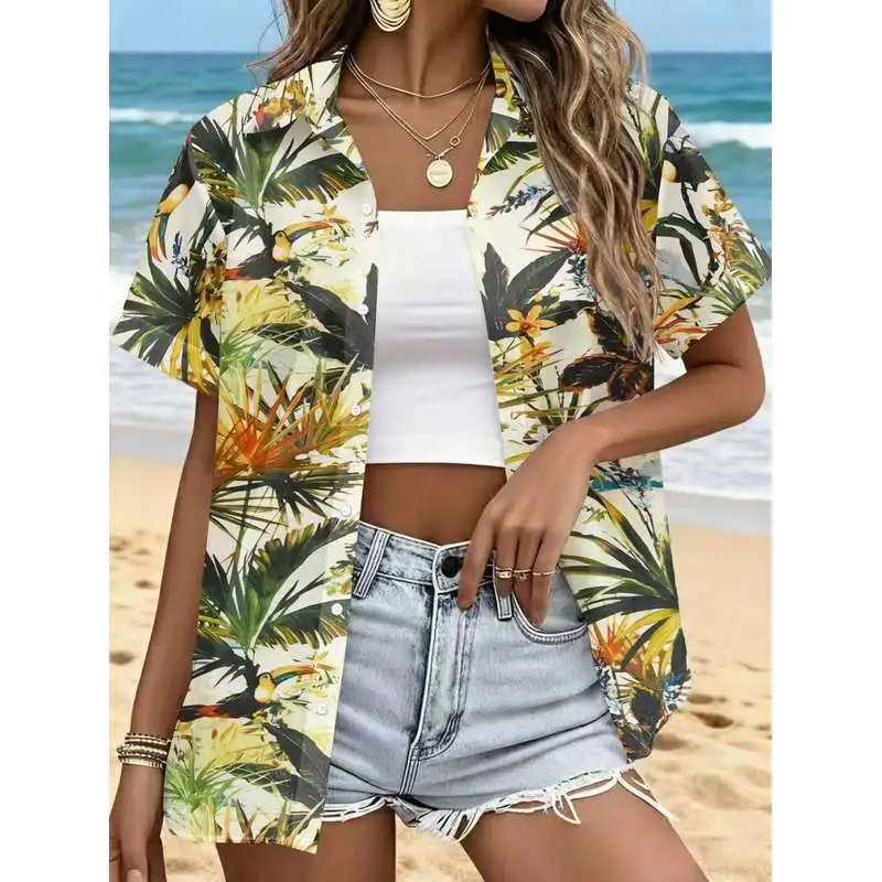 Women's Casual Short-Sleeve Button-Up Shirt Tropical Vegetation Hornbill All-Over Print Light Background Fashionable Machine Was