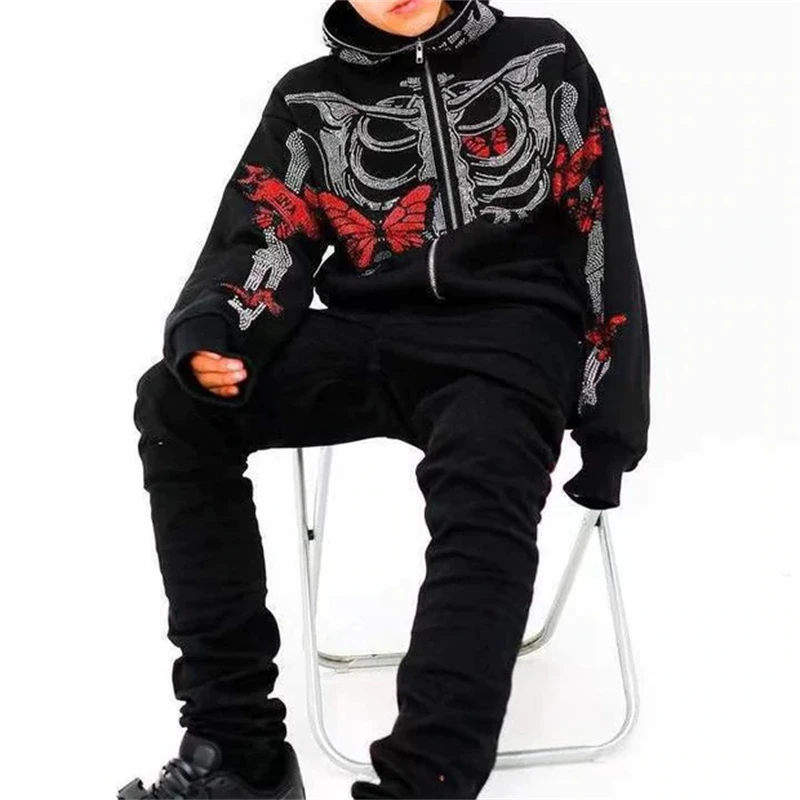 

Y2K Zip Men Hoodie Butterfly clothes Goth rhinestones Hoodie Fashion Hoodies Skeleton Print Long Sleeve Sweatshirt Oversized Top