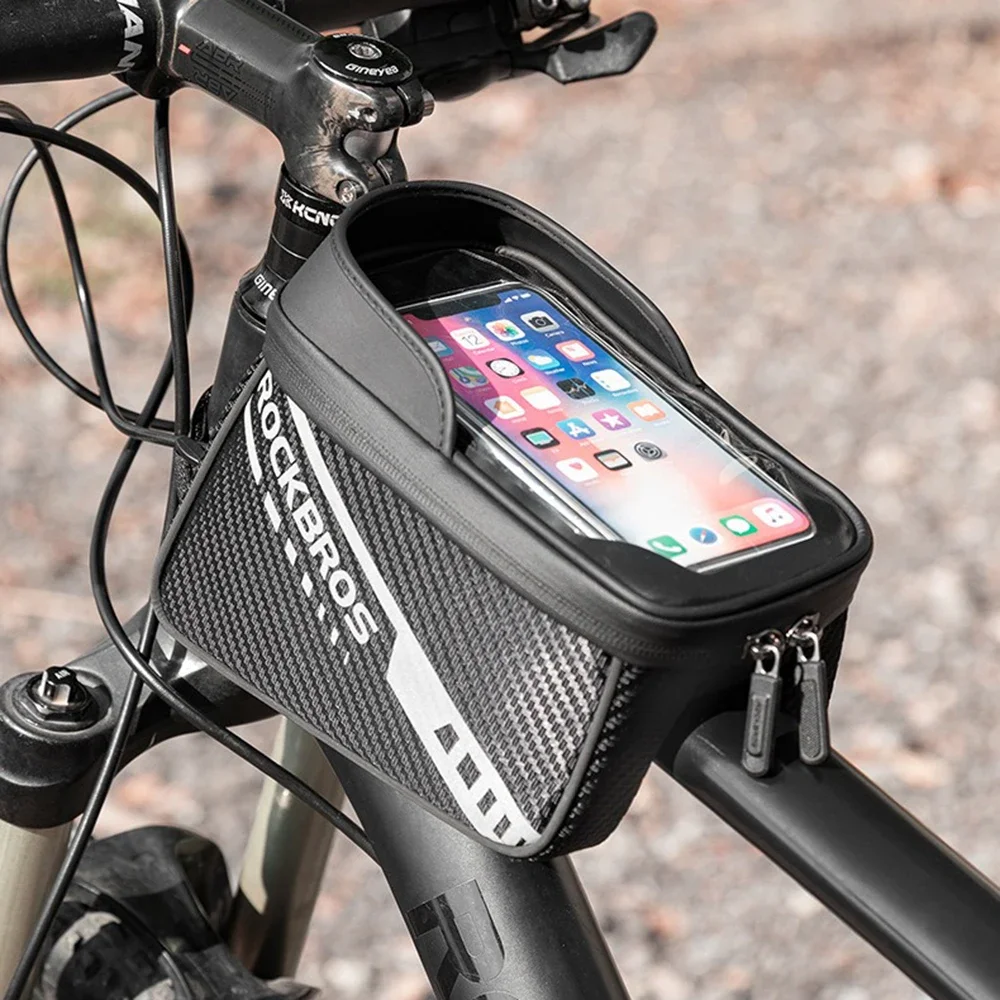 ROCKBROS Bike Bag,Touch Screen Reflective Bicycle Phone Bag,Double Zipper Front Beam Bag,Cycling Accessories,Upper Tube Bag