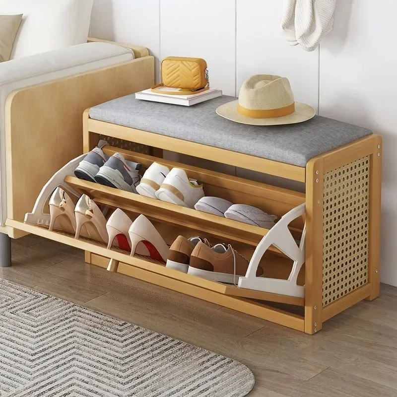 Modern Natural Bamboo Shoe Cabinet Simple Changing Shoe Stool with Tipping Bucket Storage Soft Cushion Entrance Bench