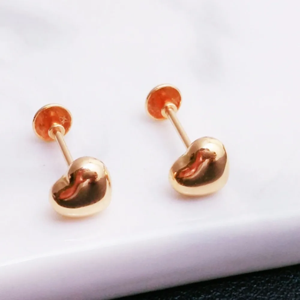 Real Pure 18K Rose Gold Stud Women Gift Lucky 3D Glossy Heart Small Earrings 0.9-1g