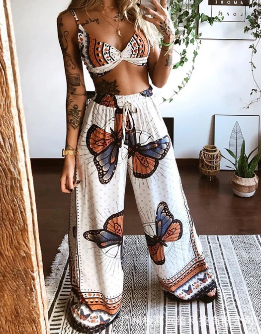 Women's Summer Set Fashion and Leisure Hawaiian Beach Vacation Butterfly Print Sexy Bra and Loose Wide Leg Pants Two Piece Set