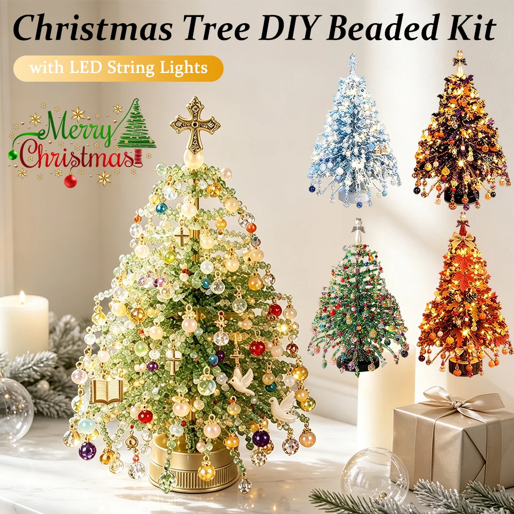 DIY Beaded Christmas Tree Kit – Crystal Bead Holiday Craft Set with LED Lights, Home Decor Gift for Adults & Kids