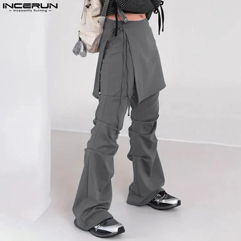 INCERUN Handsome Simple Ruffled Harajuku Bottoms Men Multilayer Solid Color Long Pants Casual Loose Deconstruction Trousers 2024