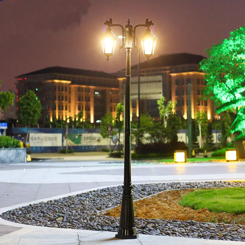 European Style Double Headed Aluminum High Pole Street Light Waterproof for Courtyard Gardens Parks Roads Approximately 260CM