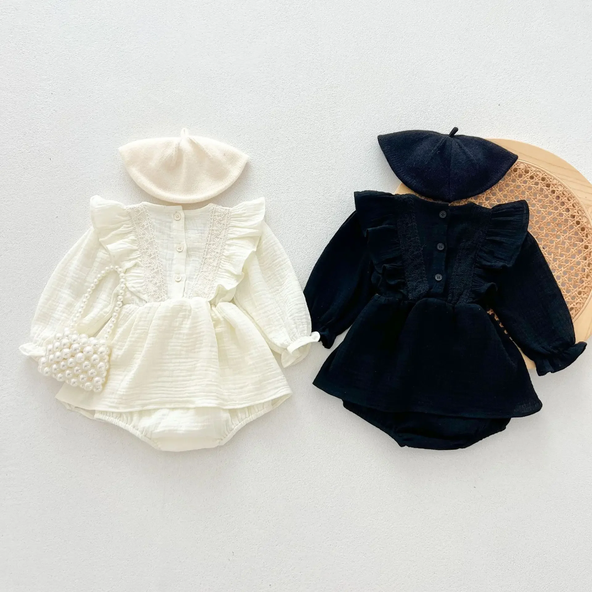 2024 Autumn Baby Girl Jumpsuit Long Sleeved Hundred Day Banquet Clothes Solid Lace Cotton Dress Rompers