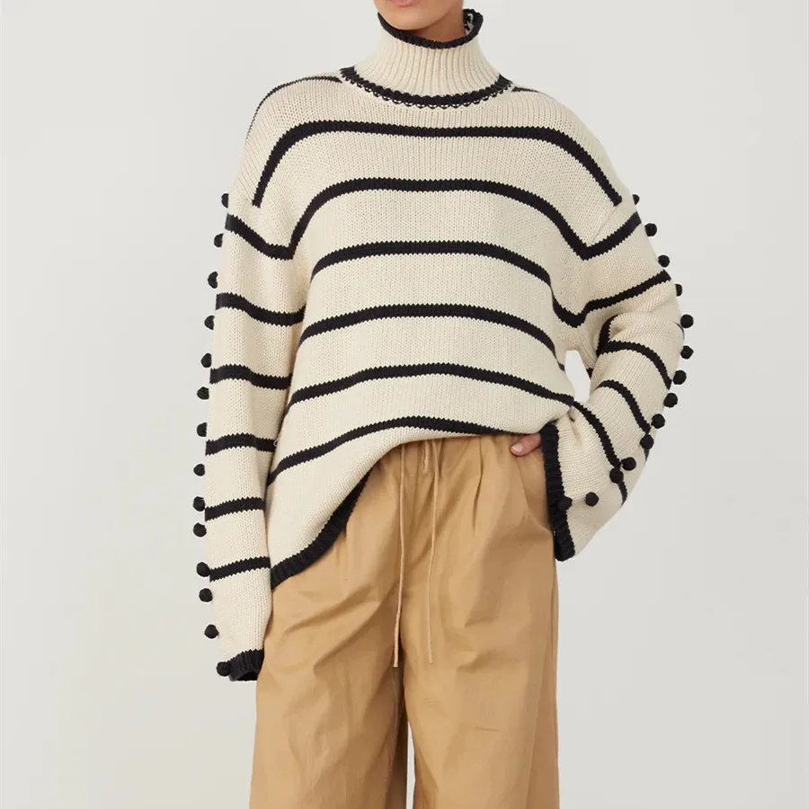 

Women's Sweater Striped Turtleneck Long Sleeve Loose 2023 Fall Winter Knitted Pullover