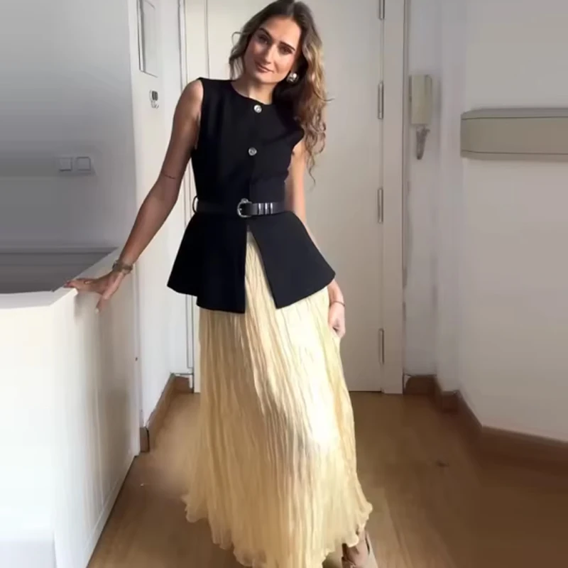 HXAO Pleated Skirts For Women Yellow Elegant Women's Skirts Summer Ruffled Chiffon Long Skirt Woman High Waist Tulle Midi Skirt