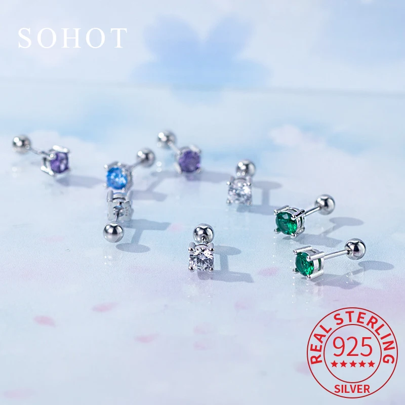 

Real 925 Sterling Silver Squre Zircon Piercing Screw Bead Minimalist Stud Earrings for Women Fine Jewelry Exquisite Accessories