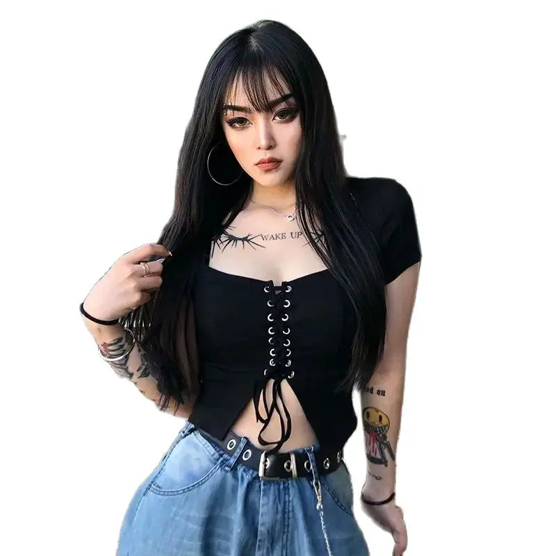 Short-Sleeved T-Shirt With Navel Strap High Street Korean T-Shirts Cross Bandage Design Square Collar Crop Top Short Sleeve Tees