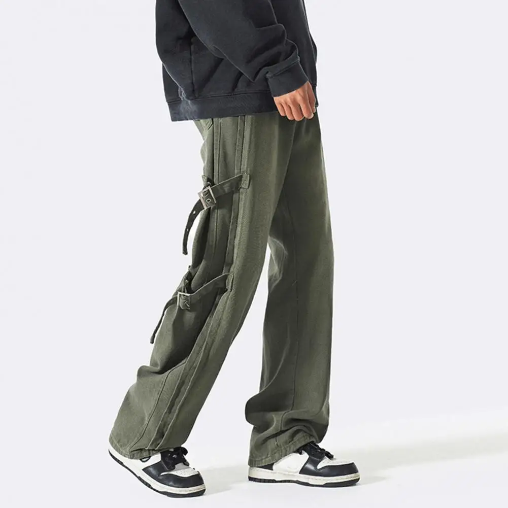 

Men Cargo Pants Mid-rise Side Buckle Design Straight Wide Leg Long Trousers Male Long Pants