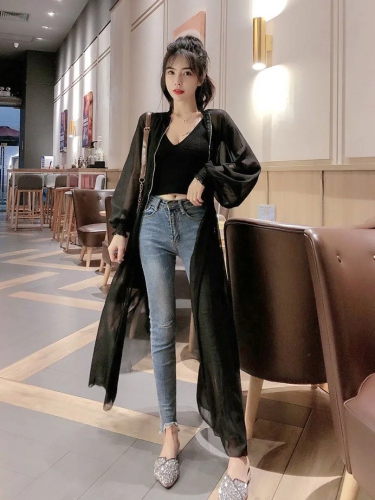 Long Jackets Women Summer Thin Sun-proof Korean Fashion Ins Sheer Breathable Casual New Solid Clothing Female Harajuku All-match