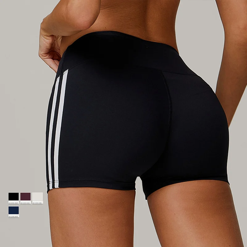 

High Waisted Stretch Yoga Shorts Tight Fitting Buttocks Lifting Striped Shorts Breathable Sports Fitness Pants Women's Clothing