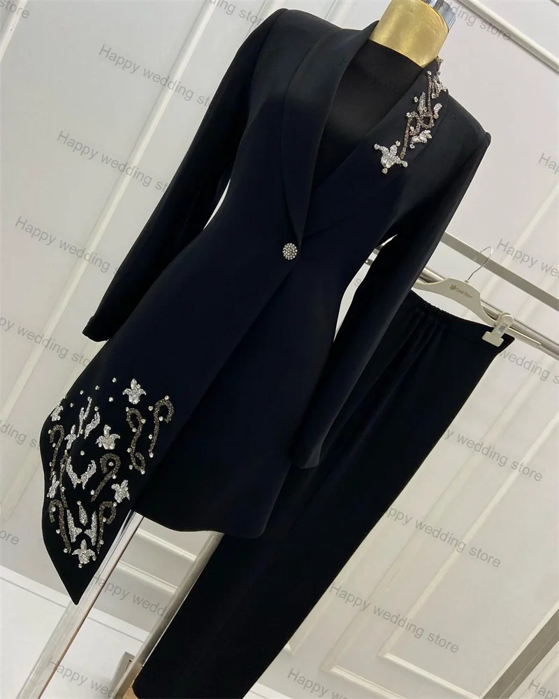 Kristallen Damespak Set Blazer + Broek 2 Stuks Formele Bruiloft Op Maat Gemaakt Kantoor Damejack Zwart Feestjurk Jas Smoking