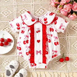 2025 Summer Bodysuit for Baby Girls Sweet Cherry Print Embroidered Infant Jumpsuit Lapel Short Sleeved Toddler One Piece Clothes
