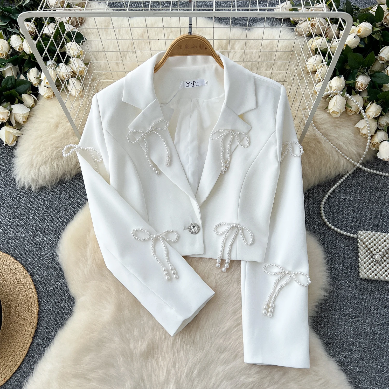 Basics Long Sleeve Vintage Notched Collar Chic Bow Beading Single Button Short Suit French Streetwear High Street Autumn Top