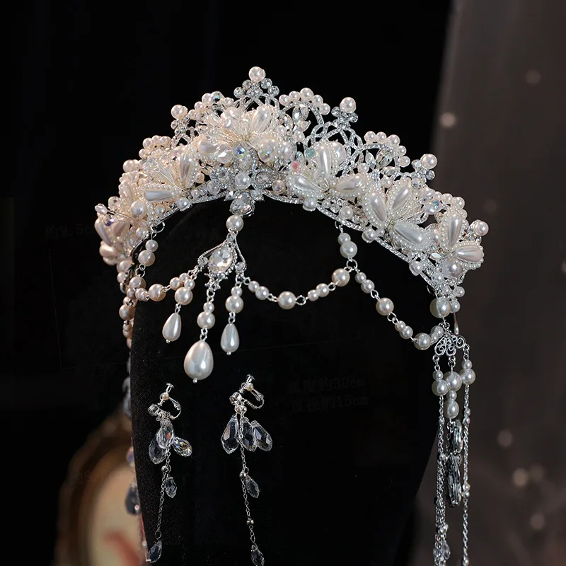 Korean Style Fairy Bride Crystal Tassel Crown Handmade Beaded Eyebrow Pendant Forehead Dress Headwear