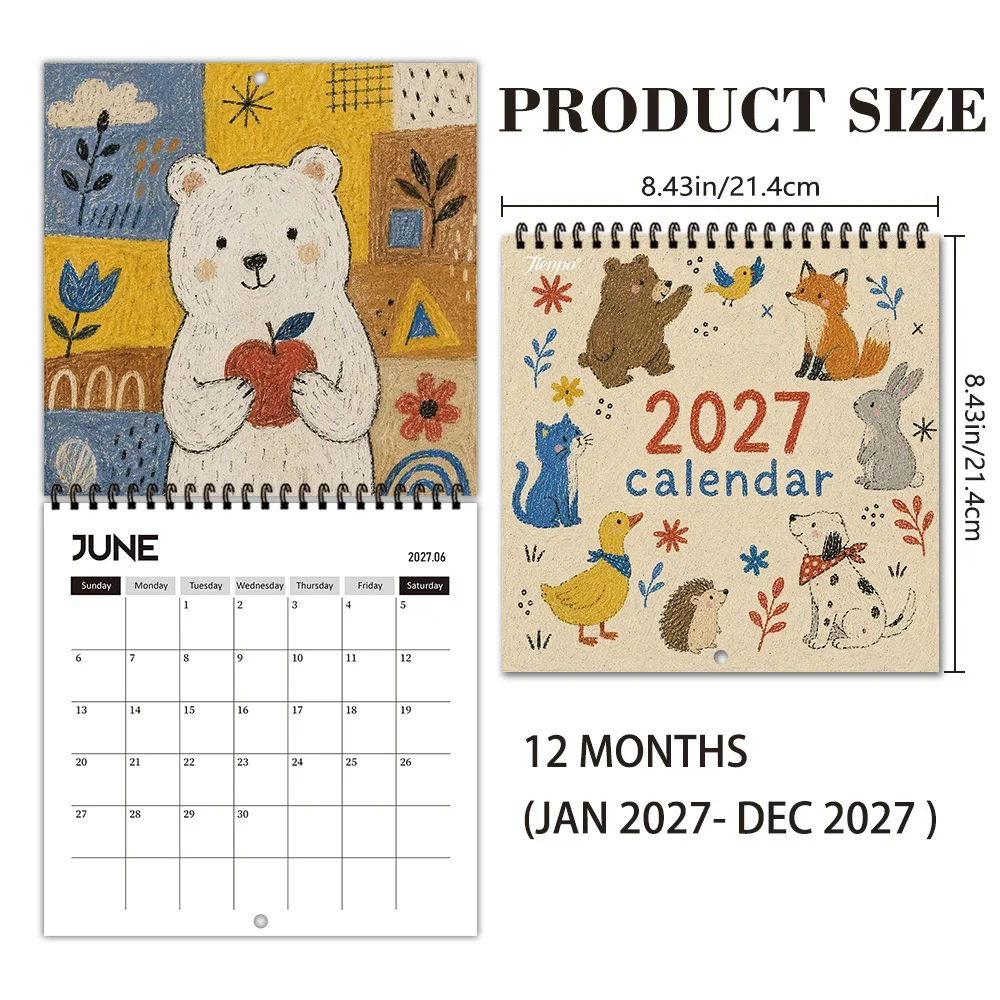 1pc 2027 Wall Calendar, Crayon Animal Theme,12-Month Monthly Planner,Perfect Gift For Back-to-School Season, Christmas, New Year