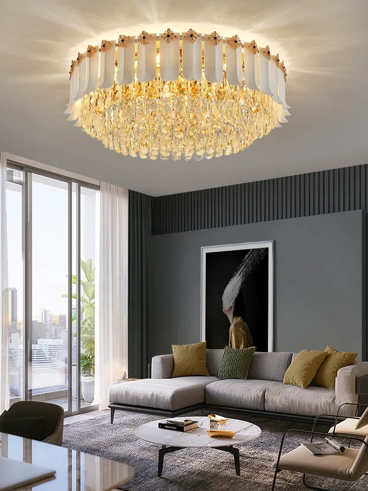 

2025 Modern Crystal Ceiling Chandelier White Ceramic Ceiling Lamps Home Decor Led Light Fixture Cristal Lampara for Living Room
