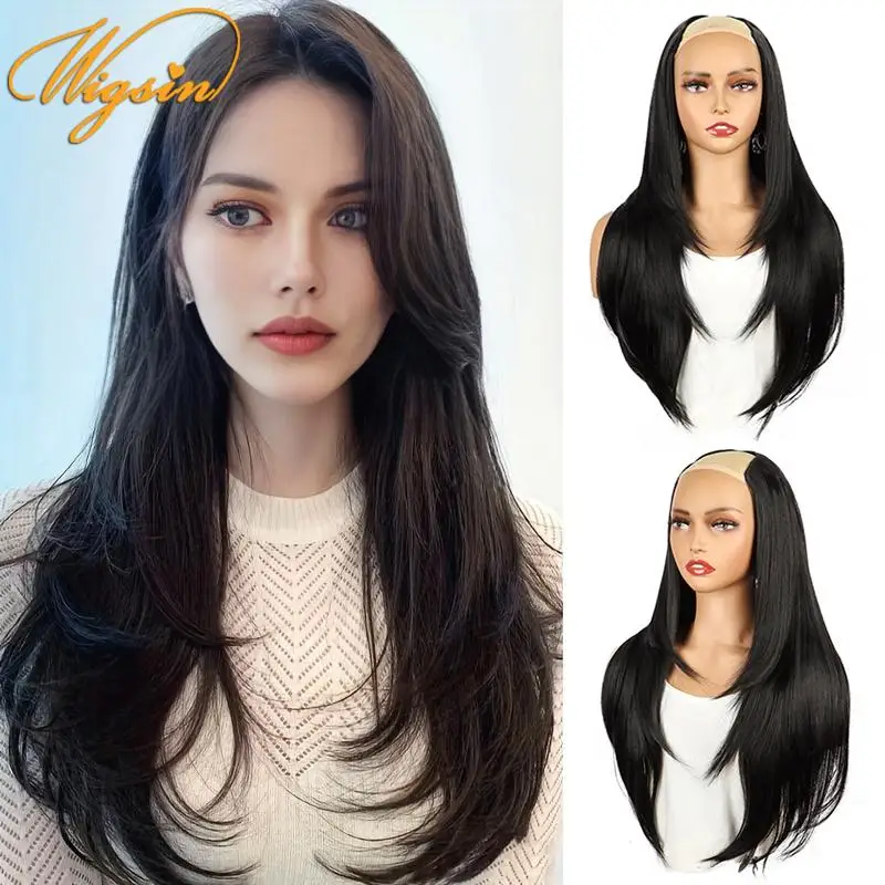 WIGSIN Synthetic 55cm V-shaped Layered 4 Clips Long Straight Hair Extension Natural Invisible Hairpiece Wig for Women