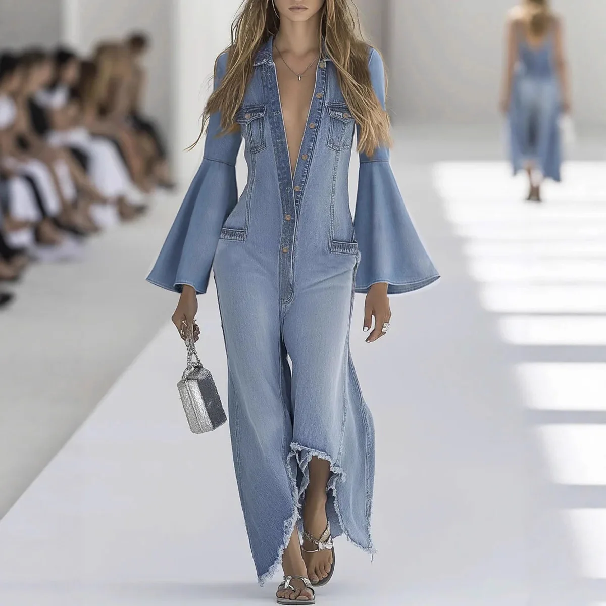 

American Style Fashionable Simple Denim Jumpsuit Autumn Women Flares Sleeve Single-breasted Straight Overall Female Streetwear