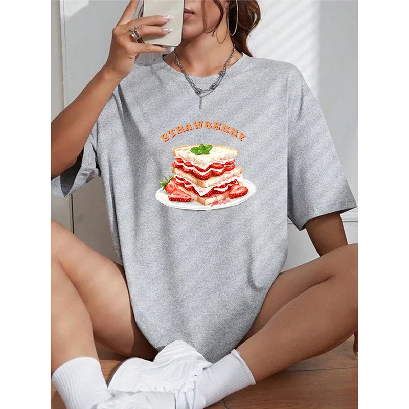 Strawberry Sandwich Cartoon Short Sleeve Women's T-shirt Breathable Microstretch Fabric Cute Style Suitable For School, Work