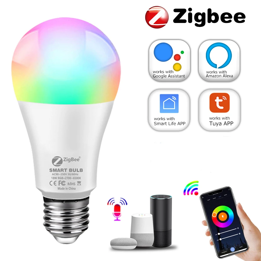 Tuya Zigbee-Lâmpadas Doméstica Smart LED, E27, Controlo de Aplicações, 12W, 15W, 18W, RGB, CW, WW, Lâmpada Alexa, Regulável, Trabalhe com o Google