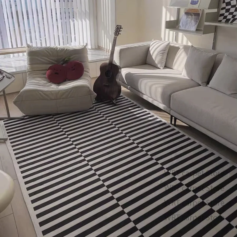 Modern Black White Striped Carpet Minimalism Decoration Bedroom Bedside Short Velvet Rug Lounge Cloakroom Antiskid Floor Mats