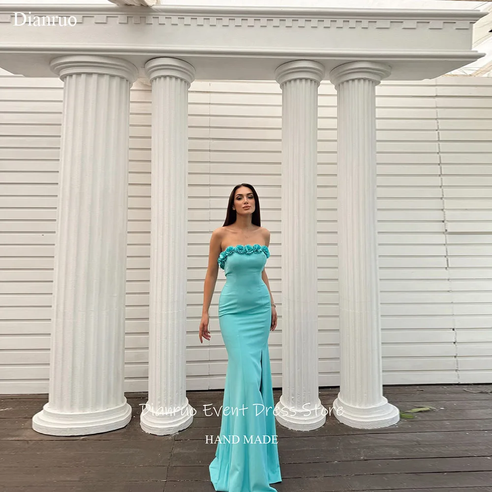 

Dianruo Turquoise Strapless Evening Dress Form Fitting 3D Flowers Vestido De Gala Femme Mermaid Abiti Da Cerimonia Customized