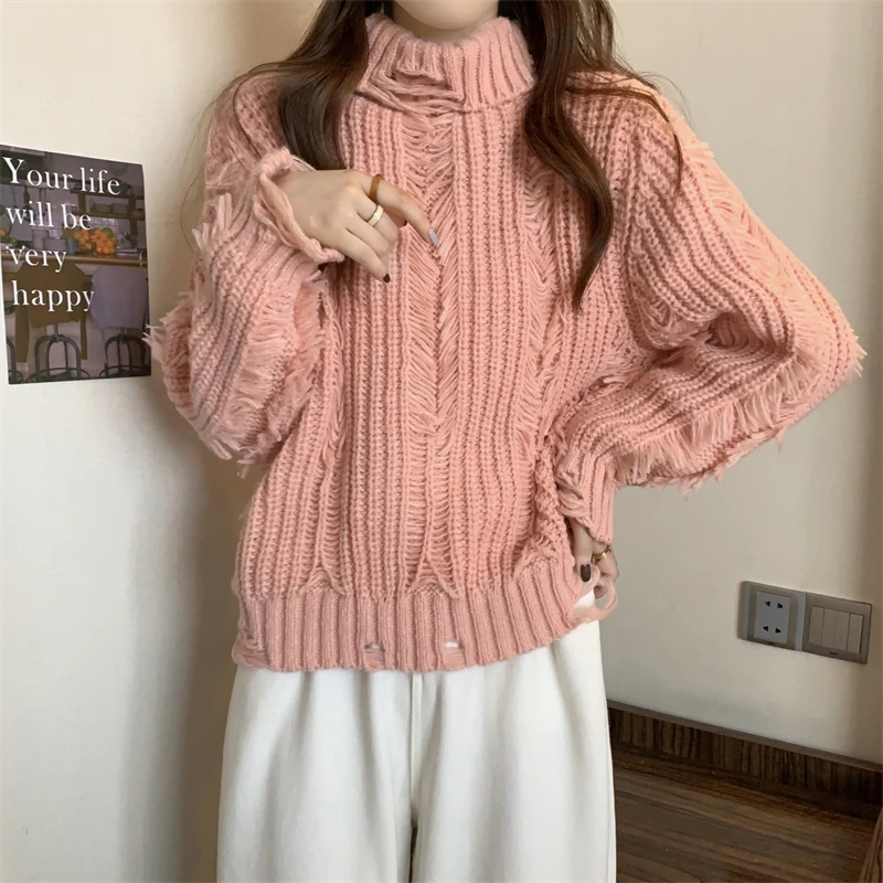 Pull Femme 2023 kobiet zimowe swetry z golfem gruby ciepły rękaw w kształcie skrzydła nietoperza Pull Jumper kobiety Twisted Hole swetry sweter Top