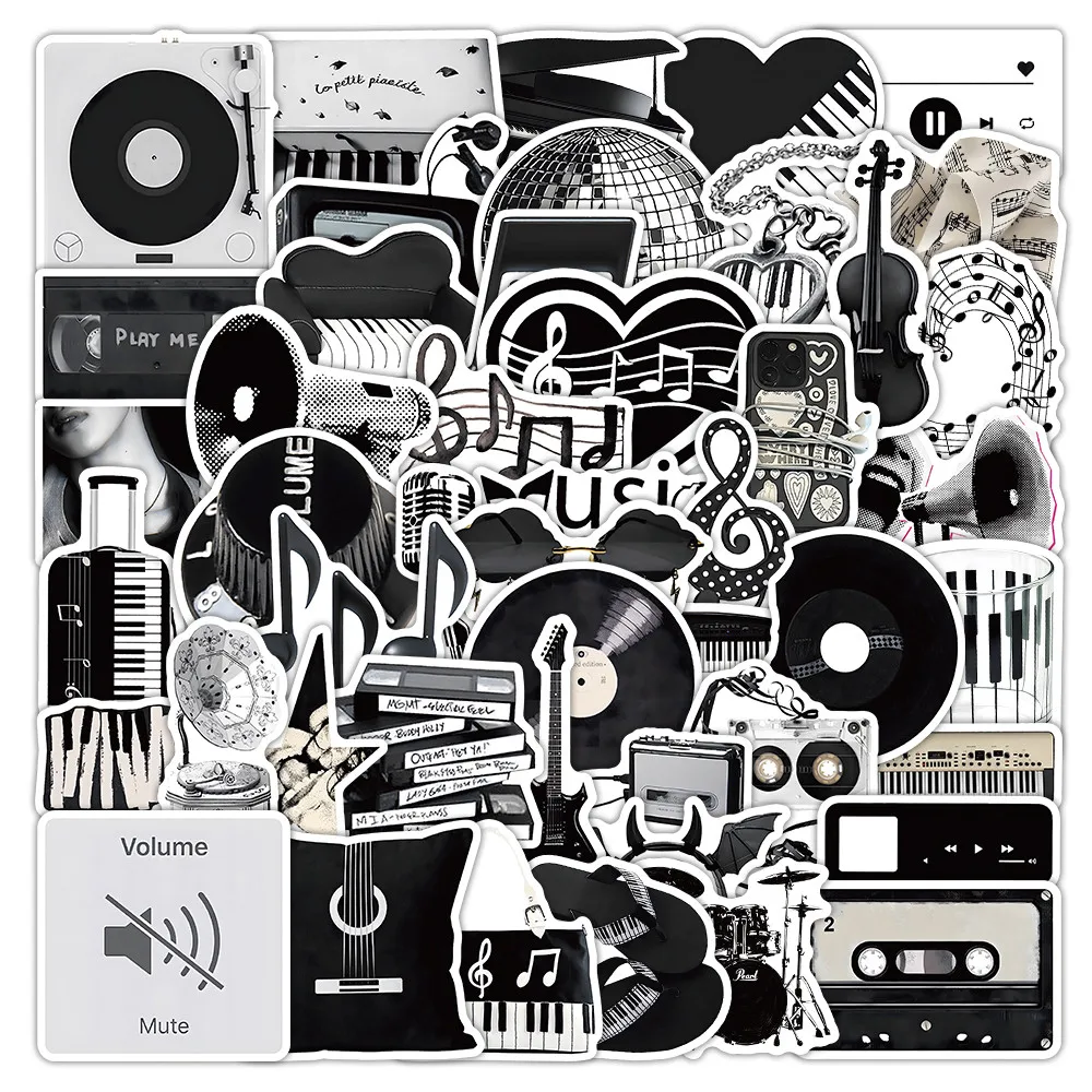 50 Stück Schwarz-Weiße Musikalische Elemente Vinyl-Aufkleber Wasserfeste Aufkleber für Skateboard Tumbler Ästhetische Dekoration Giajar Sticker Store