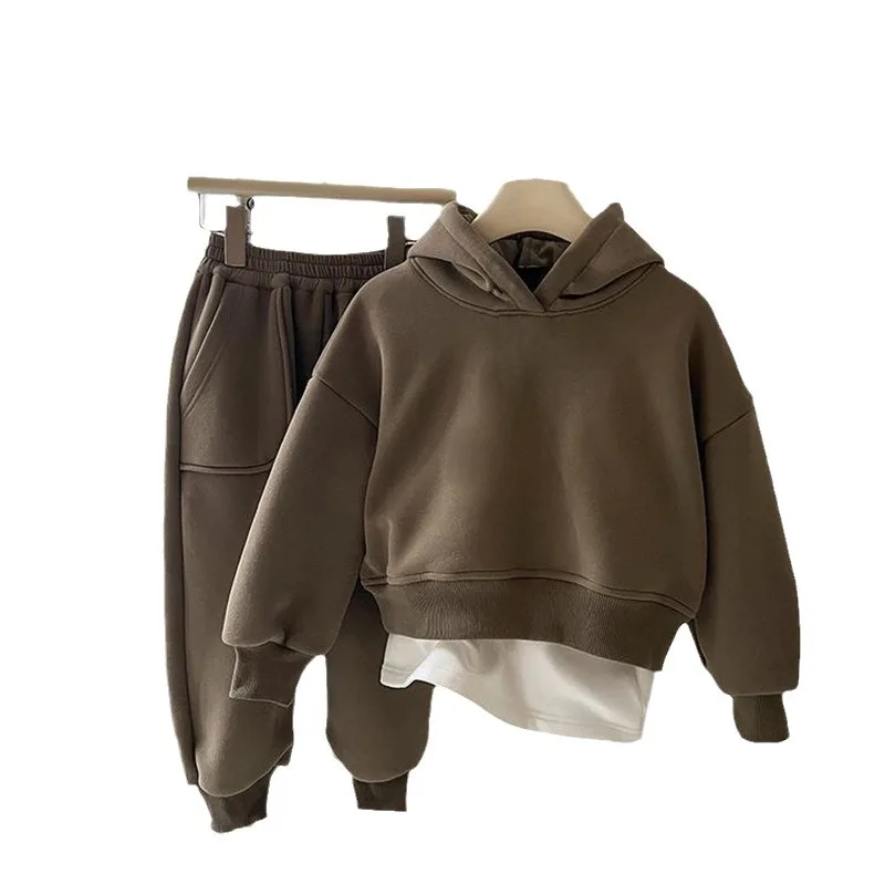 2024 Winter New Children Plus Velvet Thick Clothes Set Boys Girls Fleece Hooded Sweatshirt + Sweat Pants Suit Kids Warm Outfits