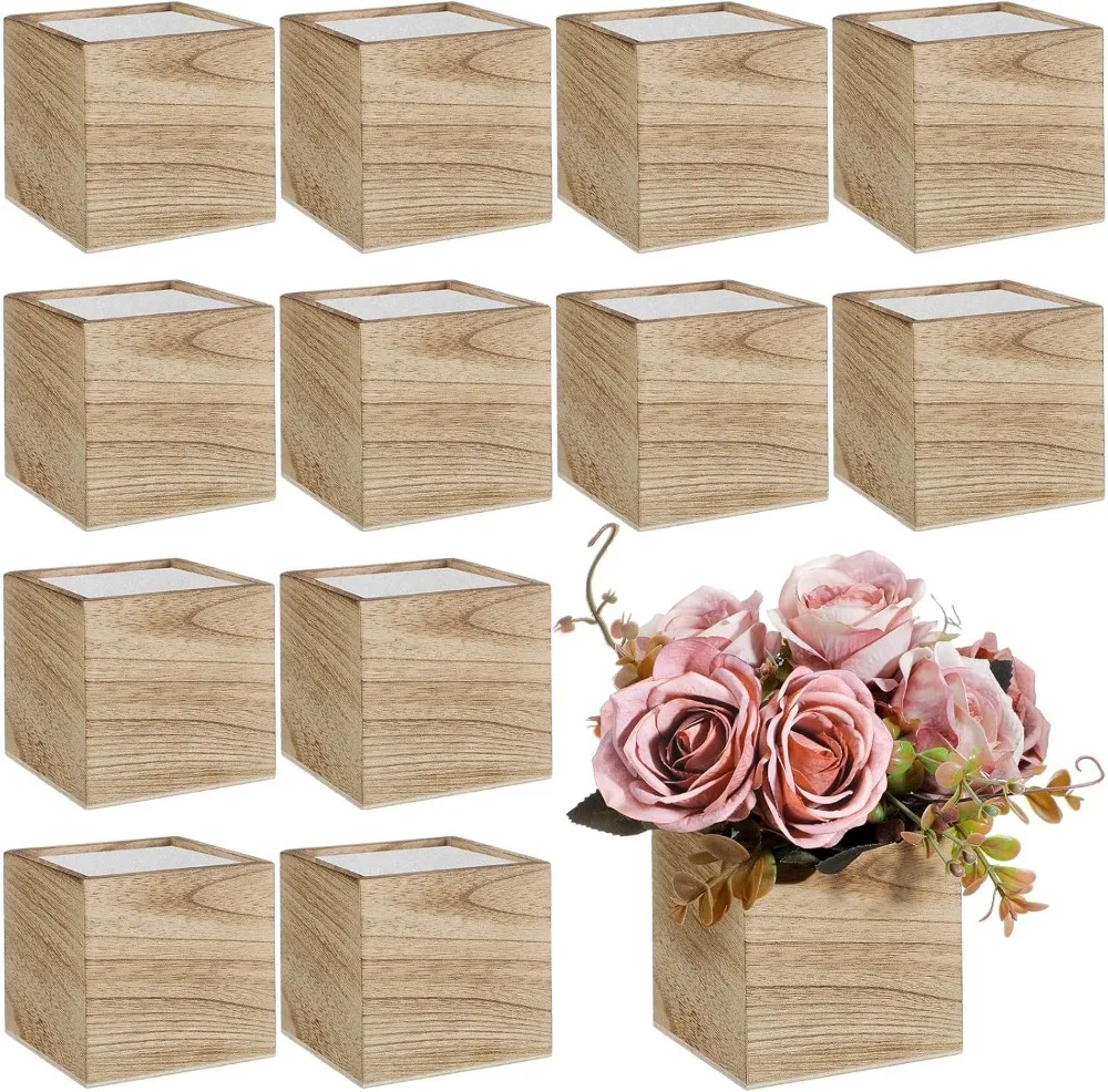 

4 Inch Wooden Planter Box Set with Removable Foam Liner for Garden Home Decor Rustic Square Vase